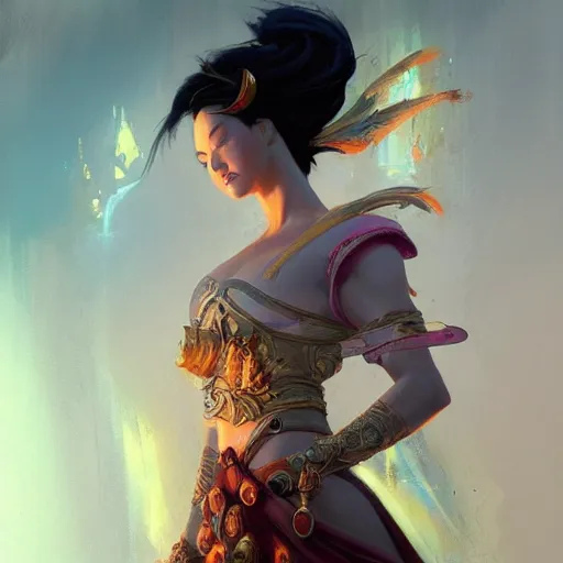 Prompt: goddess emperess mulan in the style of craig mullins, greg rutkowski, peter mohrbacher, and drew struzan. epic, majestic, awe inspiring, god rays, fissures, divine, church painting, intricate armor, extreme detail, high octane, cartoonish