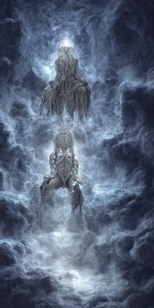 Prompt: a hyperrealistic 3 d render of a massive fractal humanoid mechanical celestial god sitting on a procedural pattern throne inside a massive stormy nebula, carved marble, volumetric lighting, octane render, ethereal, zbrush, cgsociety, nebula, transient, cosmic, surreal, artistic, cinematic, 8 k, ultra detailed