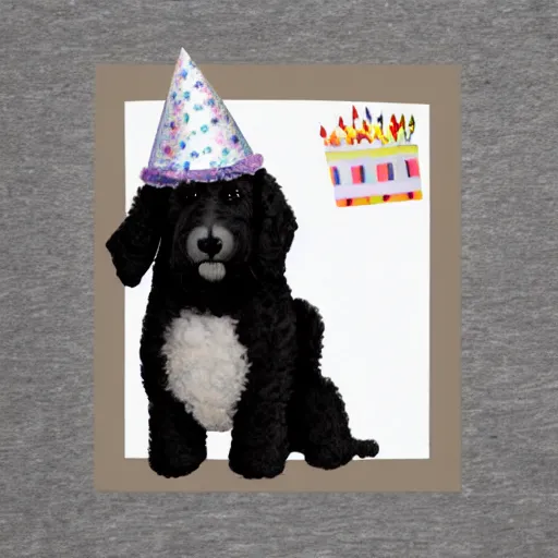 Image similar to black 8 year old bernadoodle with a white chest wearing a birthday hat