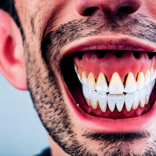 Prompt: man completely covered in human teeth