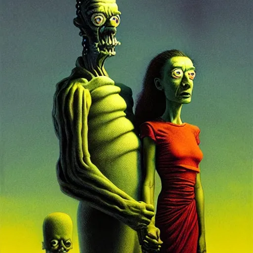 Image similar to kang and kodos ( the simpsons halloween special ) by beksinski and tristan eaton, dark neon trimmed beautiful dystopian digital art