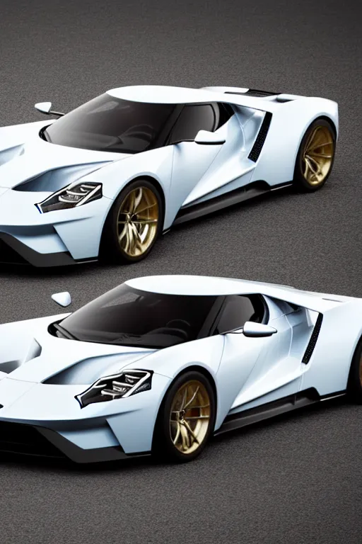 Image similar to ford gt 9 0 concept car painted in white pearl with gold rims