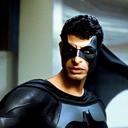 Prompt: young, muscular jeff goldblum as bruce wayne peeling back batman mask, wearing batman t shirt, film still