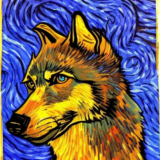 Image similar to retard wolf, van gogh, vivid colors, portrait paintin,