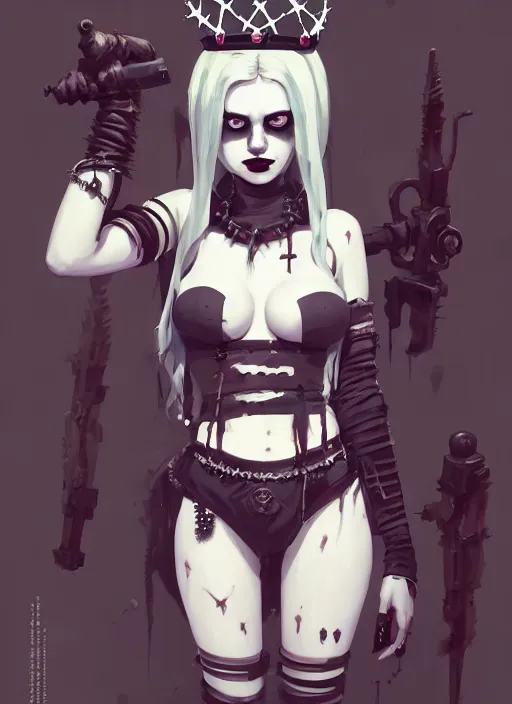 Image similar to portrait of cute goth harley quinn girl with crown of thorns in bikini armor, warhammer, cyberpunk, by atey ghailan, by greg rutkowski, by greg tocchini, by james gilleard, by joe gb fenton, by kaethe butcher, dynamic lighting, gradient light blue, brown, blonde cream and white color in scheme, grunge aesthetic