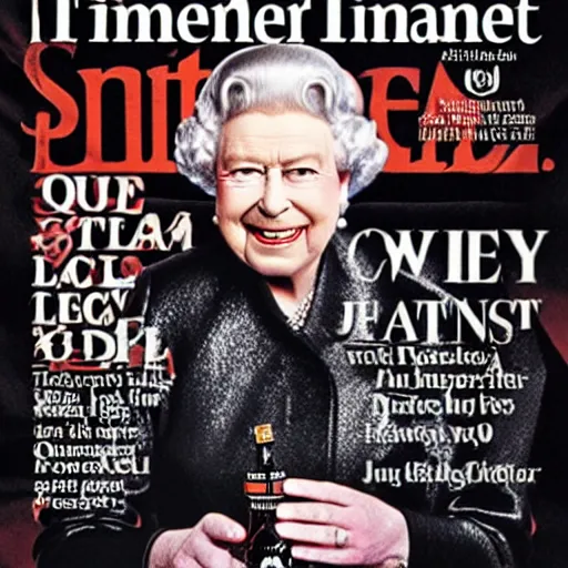 Image similar to A photo of Queen Elizabeth wearing a punk leather jacket, she holds a Jack Daniels bottle in her hand, Times Magazine cover