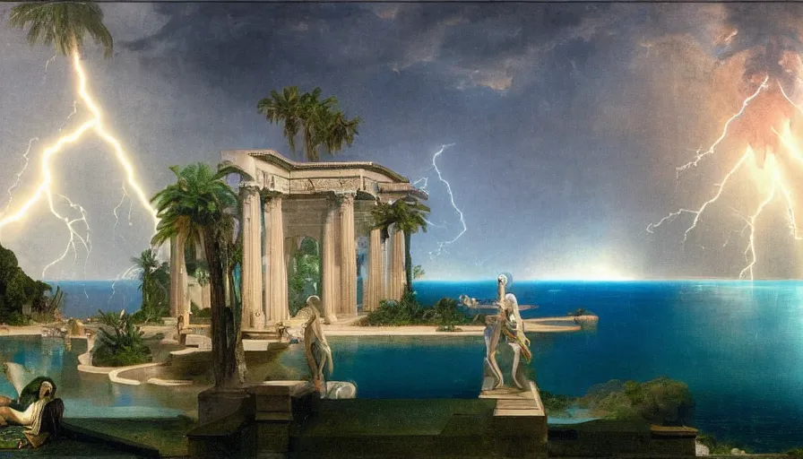 Image similar to Inside the Palace of the occult, mediterranean balustrade and columns, refracted sparkles, thunderstorm, greek pool, beach and Tropical vegetation on the background major arcana sky and occult symbols, by paul delaroche, hyperrealistic 4k uhd, award-winning, very detailed paradise