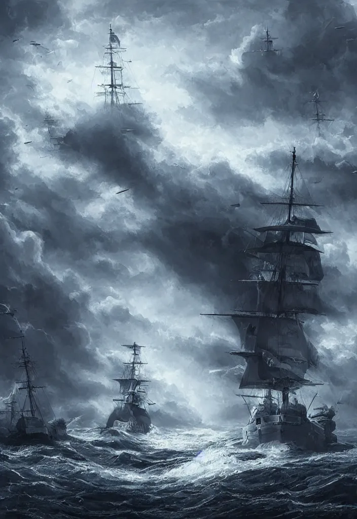 Image similar to intense ship persecution, ship being persecuted by a police ship over raging turbulent waters, hyper realistic, highly detailed, digital art, apocalyptic, intimidating lighting, raytracing, sharp focus, smooth, romanticism