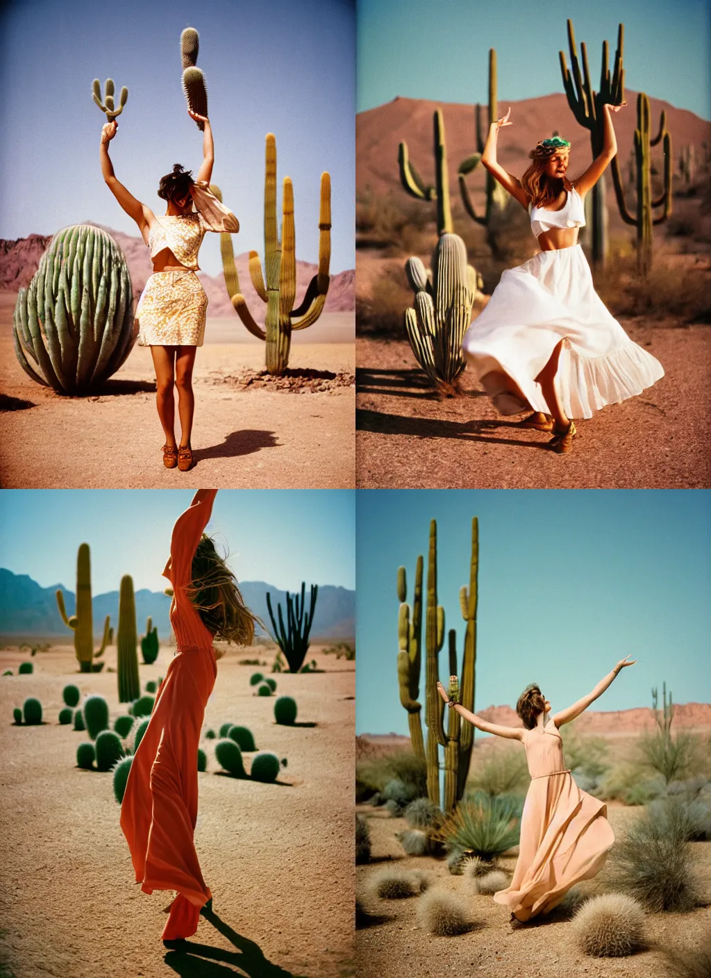 Prompt: analog photography of a woman dancing in the desert and big cacti by mark owen. vogue. kodak portra. bokeh!! detailed. hq. warm light. mamiya 7. f / 1. 2, symmetrical balance, in - frame