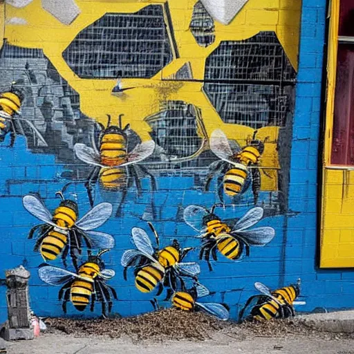 Image similar to bees attack bee hive, street art, twin towers,