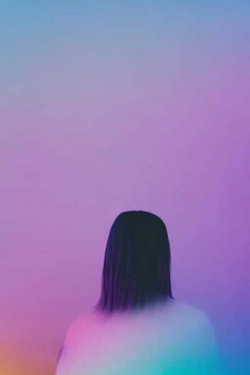 Image similar to high quality pastel coloured film photograph of a model wearing black clothing resting on cloud furniture clouds in a haze filled dreamstate world. three point light, rainbow. photographic production. art directed. pastel colours. volumetric clouds. pastel gradient overlay. waves glitch artefacts. 8 k. filmic.