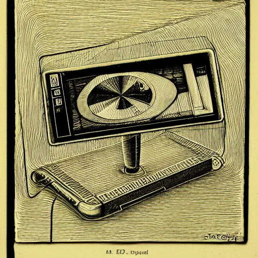 Prompt: Etching of an iPod by MC Escher