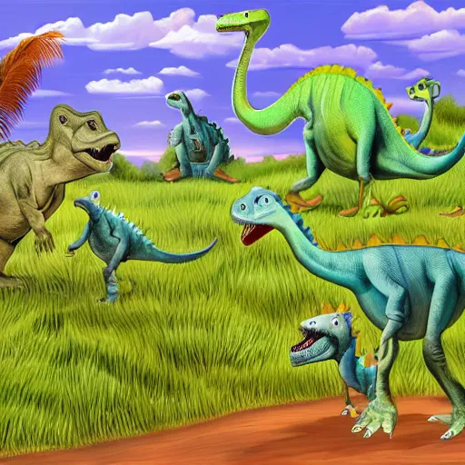 Image similar to dinosaurs with feathers, in a green valley