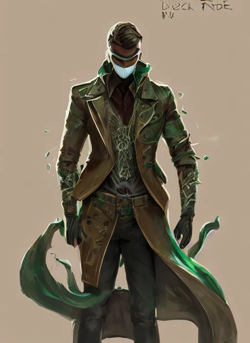 Image similar to a highly detailed illustration of thick wavy brown haired young white guy wearing brown detective trench coat and wearing dark green mask, with many long mechanical arms on his back, dramatic standing pose, intricate, elegant, highly detailed, centered, digital painting, artstation, concept art, smooth, sharp focus, league of legends concept art, WLOP