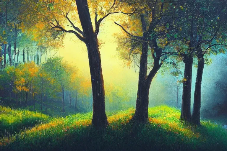 Image similar to masterpiece painting of oak trees on a hillside overlooking a creek, dramatic lighting, by alena aenami