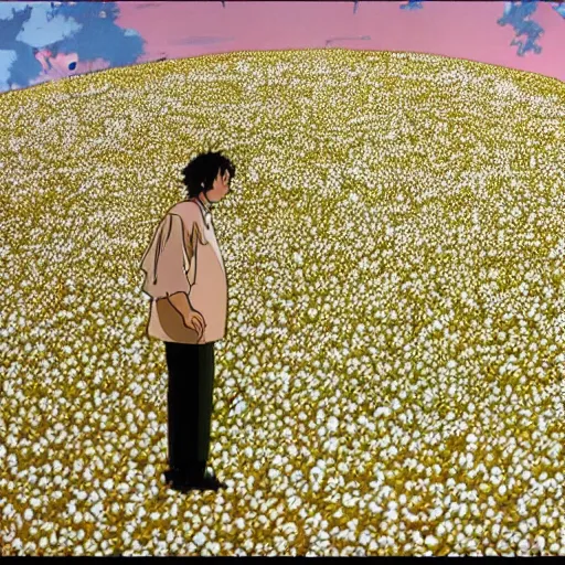 Image similar to man stands on a meadow made of popcorn, studio ghibli