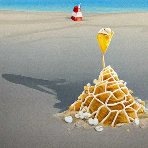 Prompt: donald trump, crying in a beach resort becase his ice cream cone fell on the sand. Hermit crabs surround the cone. Realistic, detailed, photorealistic.