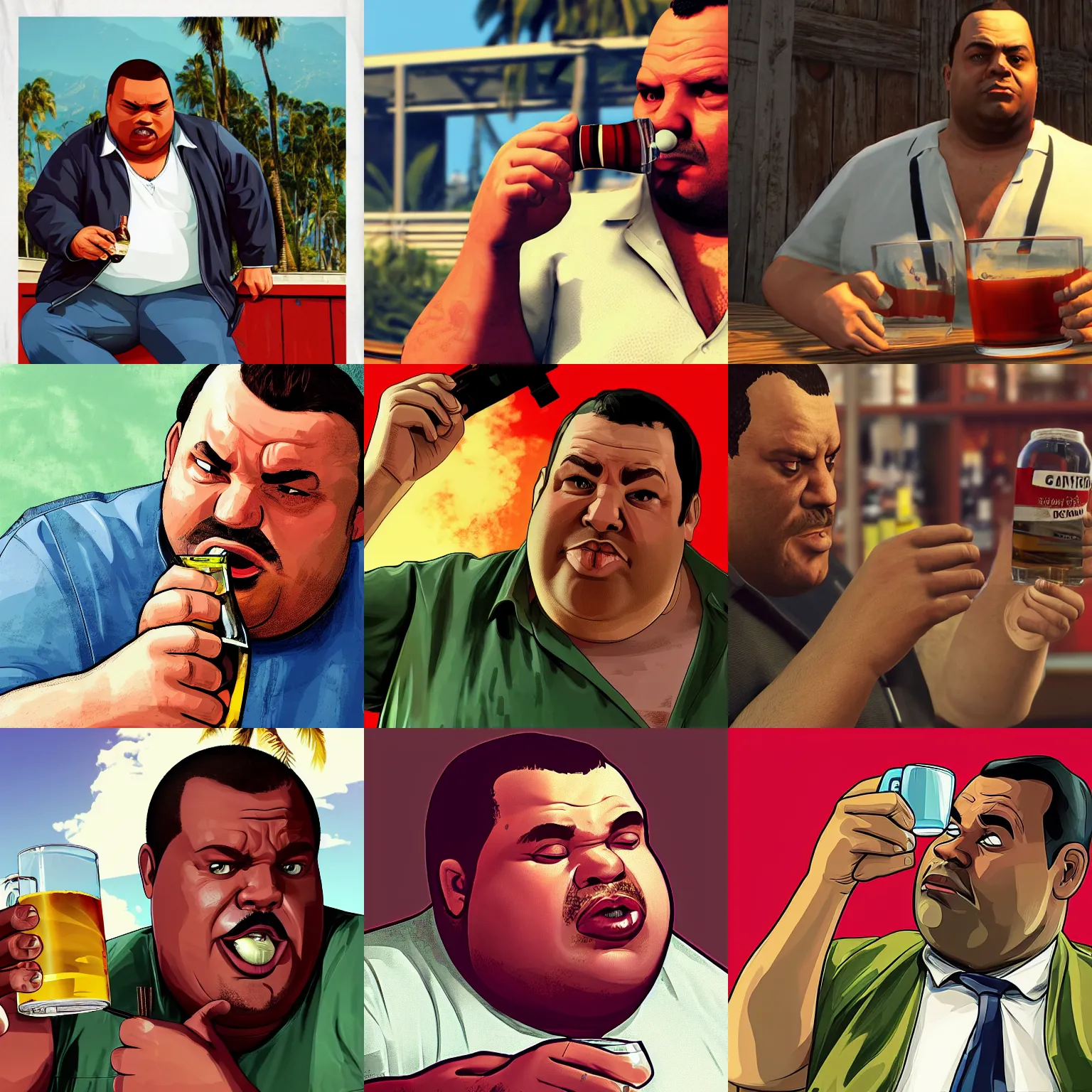 Prompt: Slightly overweight man drinking rum, closeup, GTA V poster