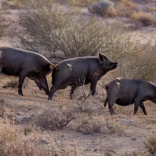 Image similar to photo of a pack of wild pigs, in the Texas desert, cactus, desert mountains, big bend, 50mm, beautiful photo,