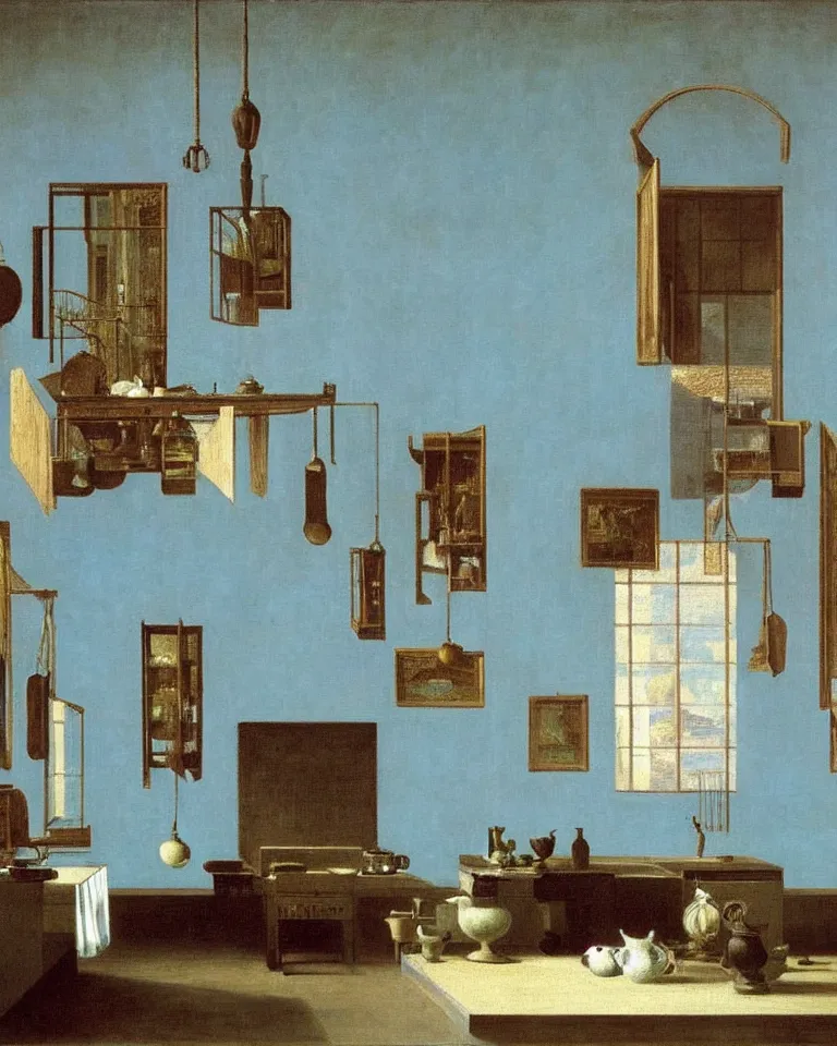 Prompt: achingly beautiful painting of a sophisticated kitchen on baby blue background by rene magritte, monet, and turner. giovanni battista piranesi.