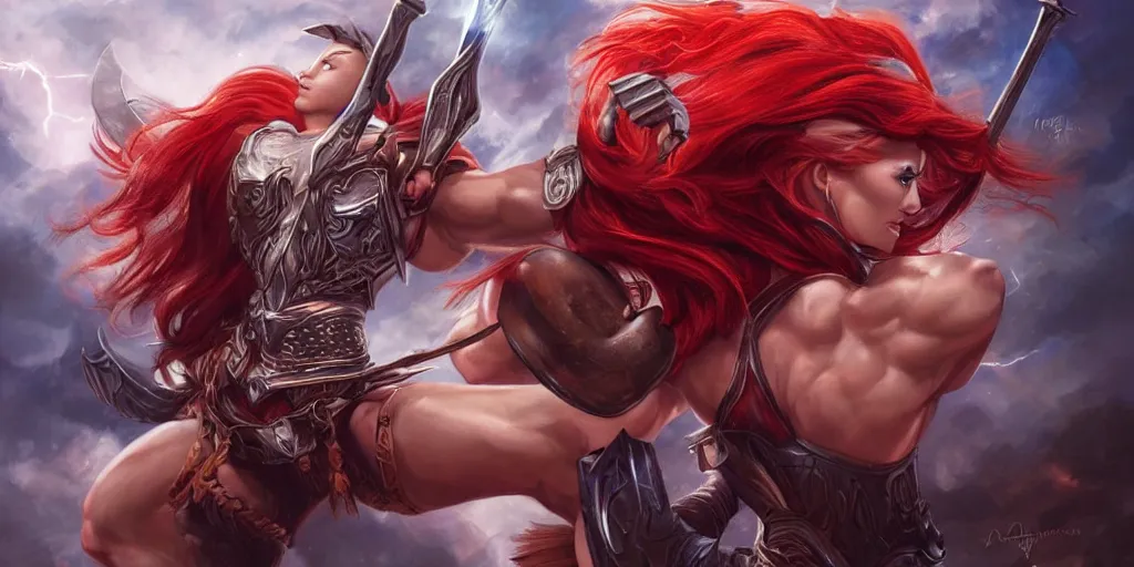 Image similar to painting of muscular and beautiful valkyrie with long red hair, fantasy art, full shot, atmospheric lightning, by artgerm