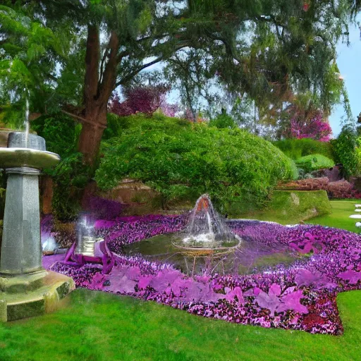 Image similar to tranquil painting of purple garden with green trees and a water fountain in the middle of garden, detailed, 8k, mesmerizing, low saturation, high resolution