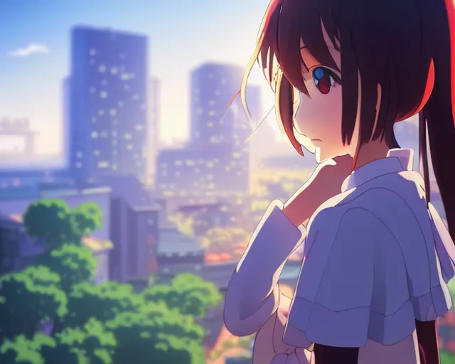 Image similar to anime fine details portrait of joyful school girl hugging big robot, city landscape on the background deep bokeh, profile close-up view, anime masterpiece by Studio Ghibli. 8k, sharp high quality anime