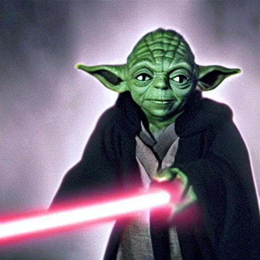 Prompt: yoda as evil sith lord evil darth sidious. lightning bolts coming from fingertips. movie still.