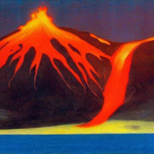 Prompt: volcano with lava falling on the sea by Edward Hopper