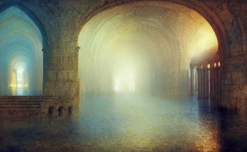 Image similar to tiled room squared waterway, aqueducts, fantasy. intricate. by artstation trending, by joseph mallord william turner, luis royo, konstantin razumov, cinematic lighting, fractal flame, highly detailed