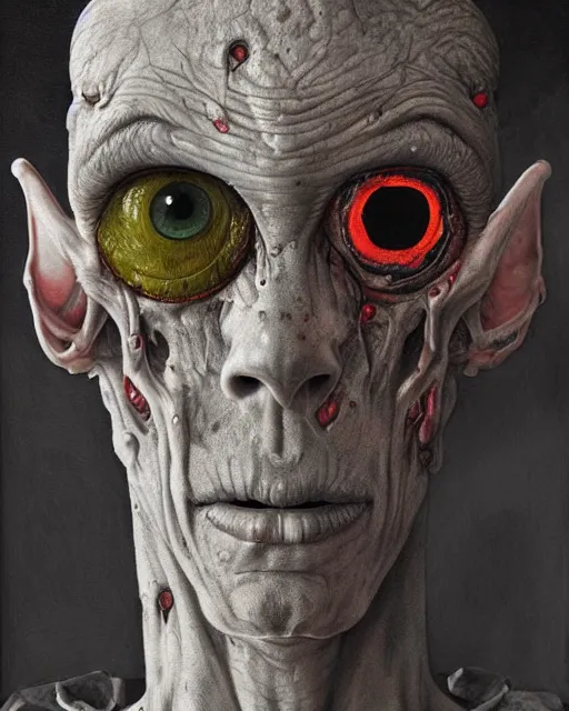 Prompt: Haunting horrifying hyperrealistic detailed painting of a tall slim flesh extraterrestrial creature made of concrete stone brick, covered in, heavy metal, disgusting, creepy, unsettling, and bloodshot eyeballs, hyper detailed, trending on Artstation