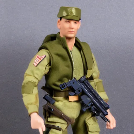 Image similar to G.I. Joe action figure. Articulated plastic dachshund