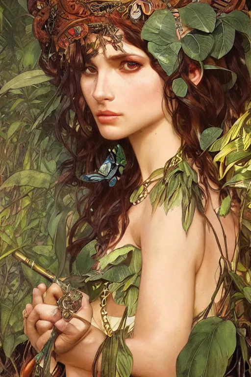 Image similar to ultra realistic illustration, bohemian animal in jungle, staring directly into camera, intricate, elegant, highly detailed, digital painting, artstation, concept art, smooth, sharp focus, illustration, art by artgerm and greg rutkowski and alphonse mucha