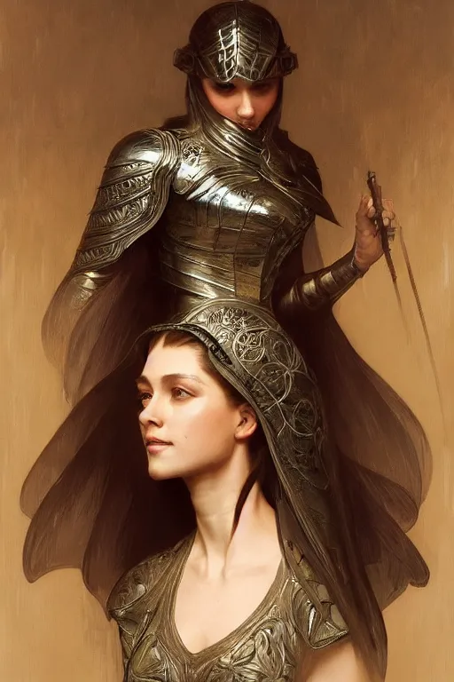 Prompt: a female knight in intricate armor, intricate, elegant, highly detailed, digital painting, artstation, concept art, smooth, sharp focus, illustration, art by artgerm and greg rutkowski and alphonse mucha and william - adolphe bouguereau