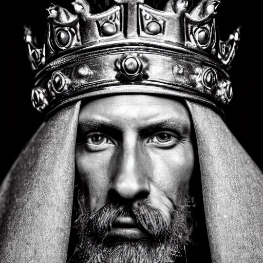 Prompt: stunning beautiful portrait photography of a face detailing medieval king with crown from national geographic magazine award winning, dramatic lighting, taken with Sony alpha 9, sigma art lens, medium-shot, monochrome