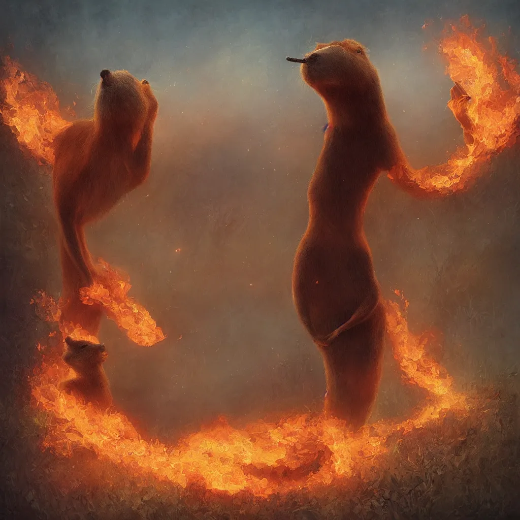 Image similar to only one singular capybara engulfed in flames, wetlands as background, digital oil painting in the style of Tom Bagshaw, Cedric Peyravernay, Peter Mohrbacher