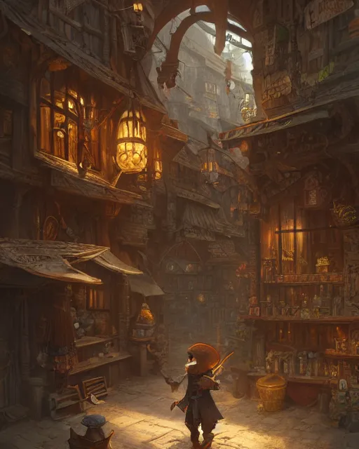 Image similar to A merchant selling treasuries, highly detailed store, fantasy art, goblin art, in the style of greg rutkowski, illustration, epic, fantasy, intricate, hyper detailed, artstation, concept art, smooth, sharp focus, ray tracing