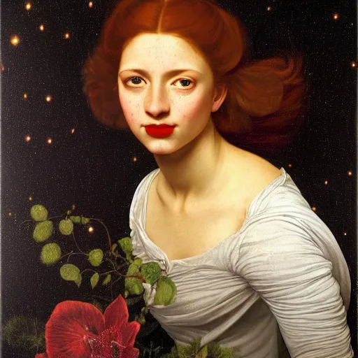 Image similar to portrait of a young woman, among the lights of golden fireflies and nature, long loose red hair, intricate details, deep green eyes, hint of freckles, round gentle face, cheeky smile with red lips, deep focus, smooth, sharp, golden ratio, hyper realistic art by artemisia lomi gentileschi and caravaggio