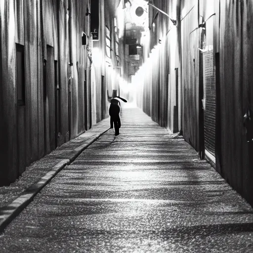 Image similar to an abstract photograph of a lonely male shadowy figure, he is dancing, there is a dark street with lanterns reflected on the ground, everything is underwater, long exposure, 35mm, black-and-white