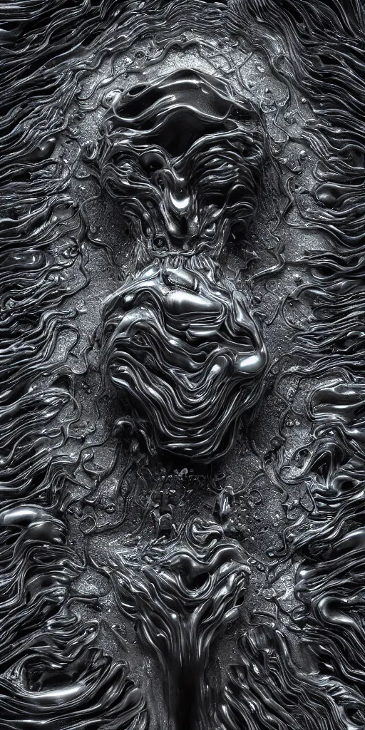 Image similar to a photorealistic render of a topographic sculpture made of melted metal and bioluminescent beings on a black background, c 4 d, by zhelong xu ouchh studio and ernst haeckel, wide angle, hyper realistic, plain black background, 8 k, volumetric lightning, octane render