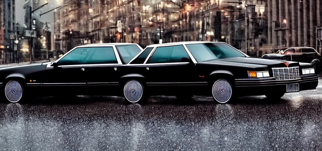 Image similar to hyper realistic, high detail real life photo of black 1 9 9 2 cadillac de ville, city streets wet, beautiful, dreary lighting