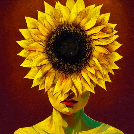 Image similar to giant sunflower head, woman in an apartment, surreal, dramatic light, impressionist painting, digital painting, artstation, van gogh