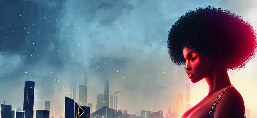 Image similar to portrait of a beautiful black woman with afro hair, cyberpunk rio de janeiro background, digital art, trending on artstation, brushstrokes, backlit, corcovado on the background