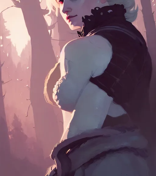 Image similar to portrait of cullen from dragon age standing with beautiful woman near forest by atey ghailan, by greg rutkowski, by greg tocchini, by james gilleard, by joe fenton, by kaethe butcher, dynamic lighting, gradient light blue, brown, blonde cream and white color scheme, grunge aesthetic