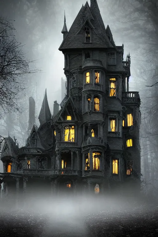 Image similar to Victorian haunted house in a creepy forest, sinister horror villain, random architecture mansion crowded, strange, eerie human lights and shadows on the windows, unique highly detailed gothic style raygun and very realistic photography, volumetric fog, environmental depth perspective trending on artstation, high quality printing, fine art with subtle redshift rendering