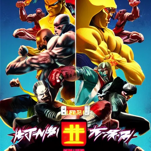 Prompt: the cover of an Iron Fist Tournament fighting game, a poster by Arent Arentsz, trending on cgsociety, neogeo, 8k, official art, high resolution