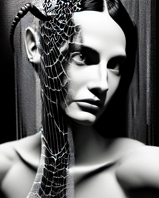 Prompt: black and white cyborg-plant goddess high quality photo, artificial intelligence, bio-mechanical bio-luminescence, artificial complex spider web, neurons, nerve cells, octane render, cinematic, rim light, hyper realism, photo-realistic, high detail, 8k, in the style of Steven Meisel and Dora Maar and H.G. Giger