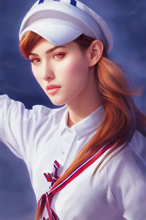 Image similar to full body photo of a gorgeous young woman wearing a sailor style fress in the style of stefan kostic, realistic, sharp focus, 8k high definition, insanely detailed, intricate, elegant, art by stanley lau and artgerm