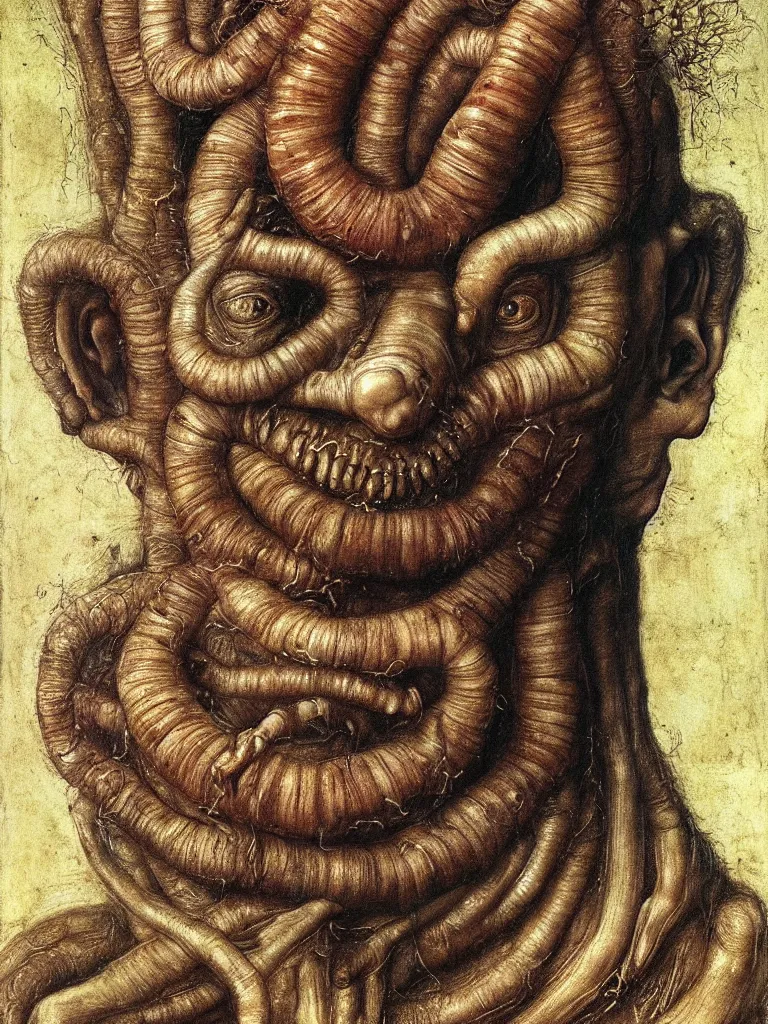 Image similar to a boy made of worms, looking straight into camera, by giuseppe arcimboldo and ambrosius benson, renaissance, a touch of beksinski and hr giger and edward munch, realistic