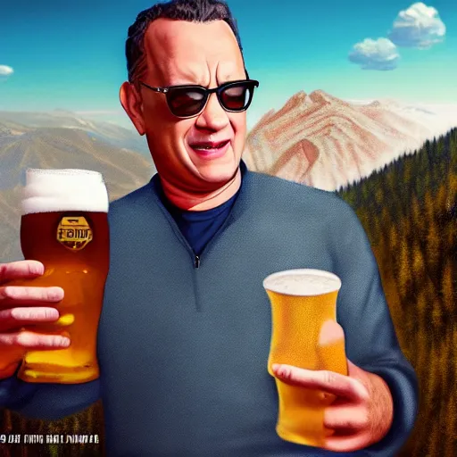 Image similar to Tom hanks at the top of a mountain, scenic view, holding a beer!!, digital art, gta 5 cover art, trending on artstation